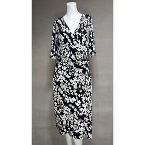 Glamour Womens Floral Faux Wrap Midi Dress‎ Size 8 Black White Boho Feminine